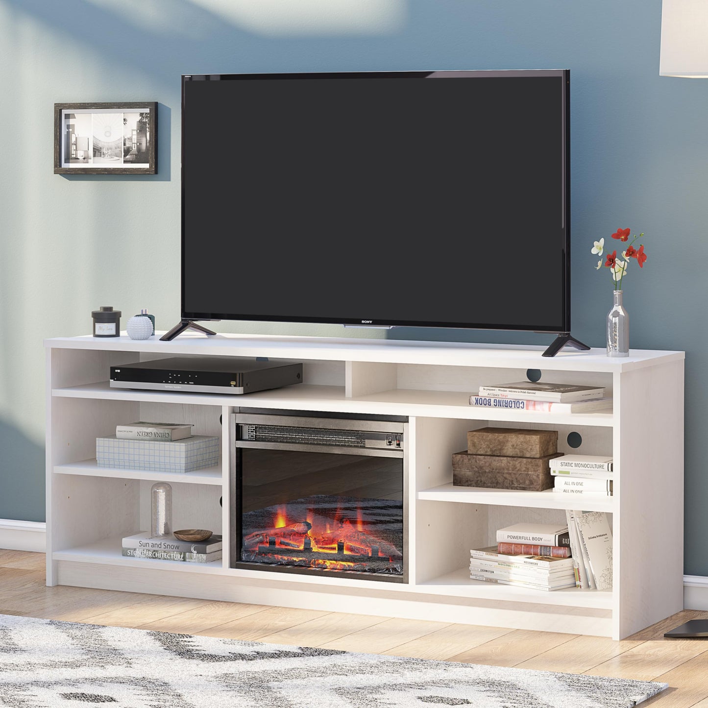 Ameriwood Home Hendrix Fireplace TV Stand for TVs up to 65 Inch, Replaceable Electric Fireplace Insert Heater, Realistic Log and Flame Effect, For Living Room or Bedroom, Ivory Oak