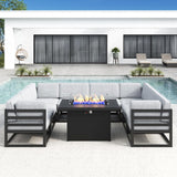 LayinSun Large Aluminum Patio Furniture Set with Fire Pit Table, 9 Pieces Modern Outdoor Conversation Set Sectional Metal Sofa Set with Olefin Cushion LayinSun