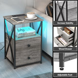 Livofloral LED Nightstand Set 2, Night Stand with Charging Station, Grey Side Table Set of 2 with Wood Drawers, End Tables with USB Ports and Outlets, Bedside Tables for Bedroom, End Table Living Room Livofloral