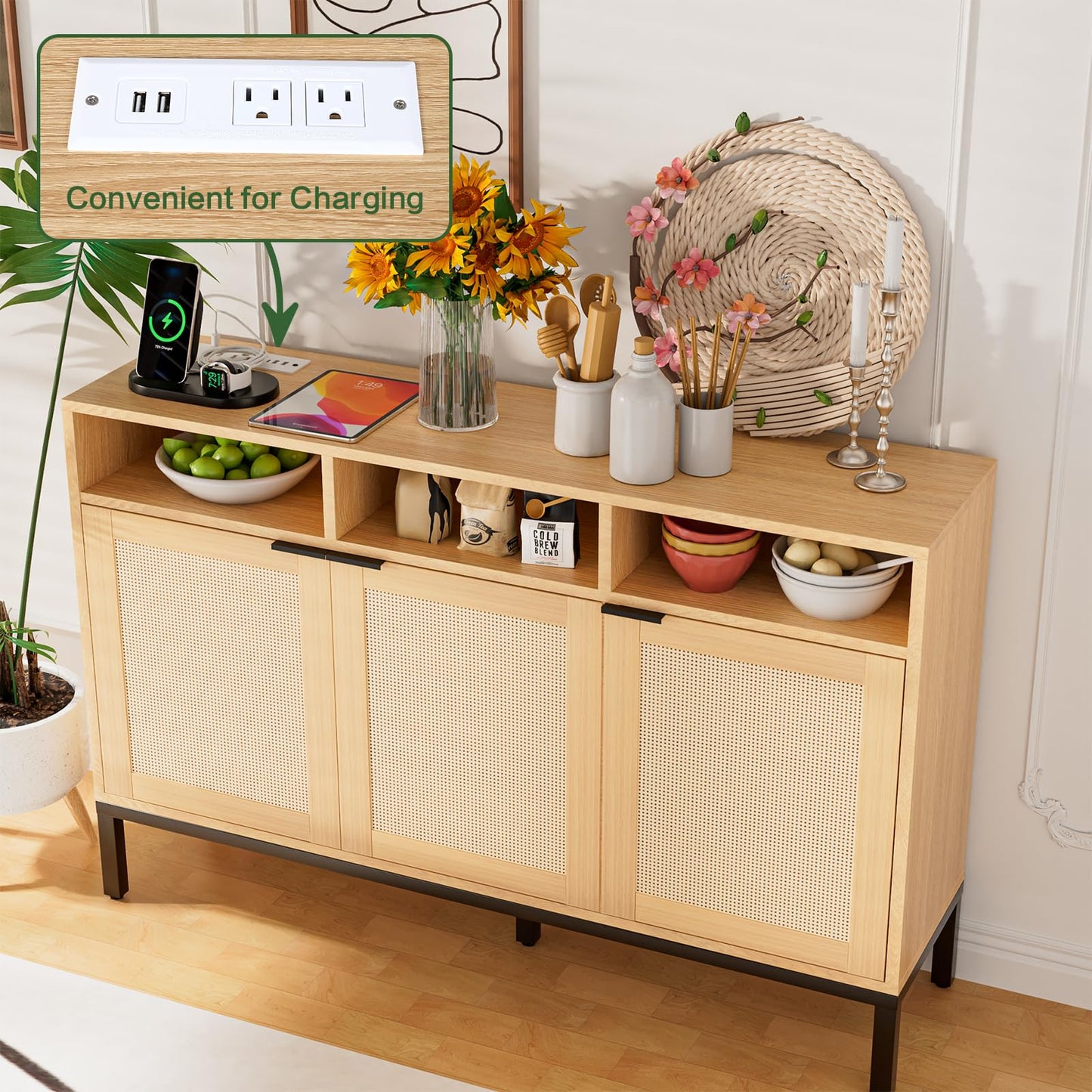 HPWLYO Boho Sideboard Buffet Cabinet, Accent Storage Cabinet with LED Light & Power Outlets, Freestanding Sideboard Storage Cabinet with 3 Rattan Doors, Farmhouse Kitchen Coffee Bar Cabinet - WoodArtSupply