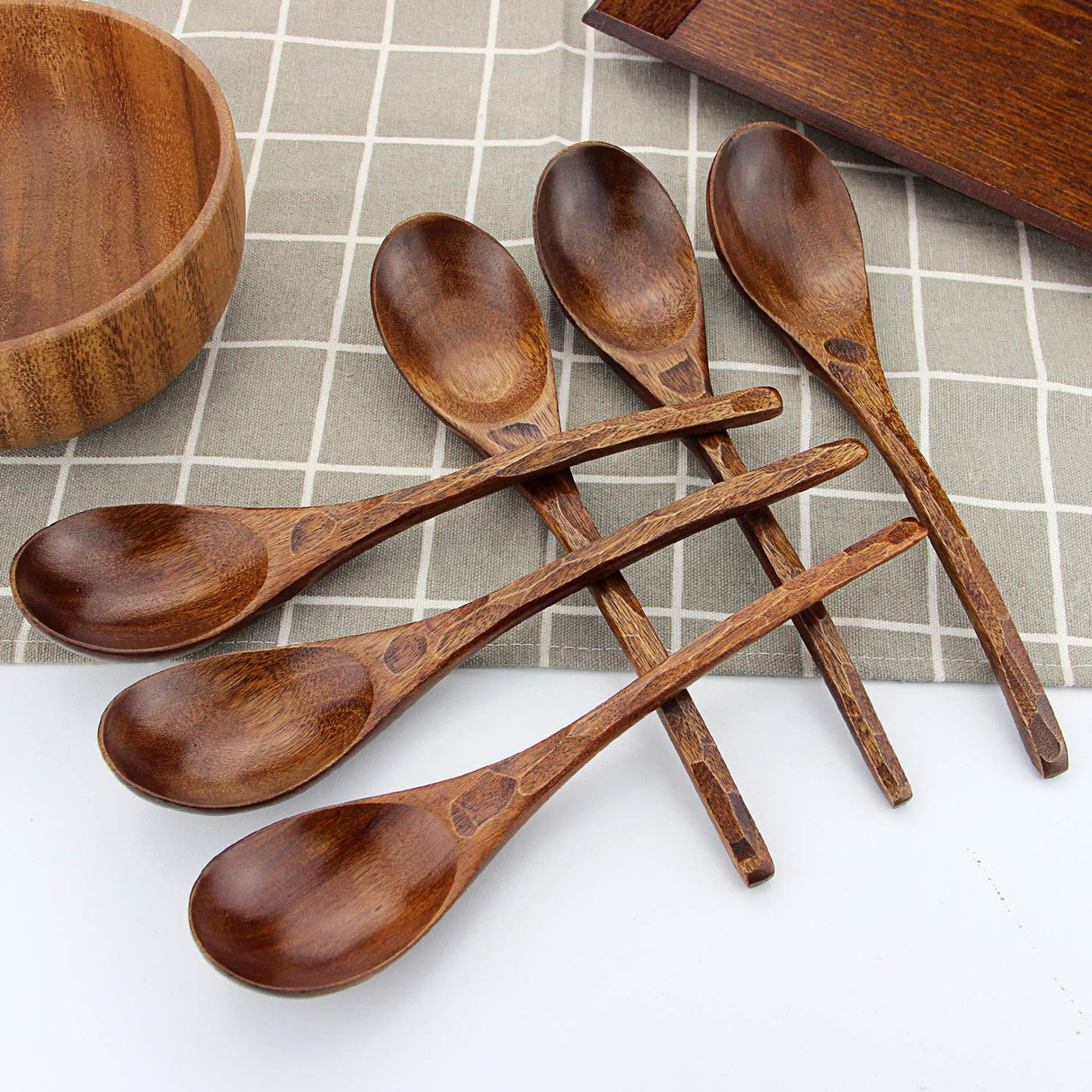 Soup Spoons,AOOSY Wooden Soup Spoons, 6 Pieces 7.84 inches Japanese Ramen Spoons Round Nanmu Wood Long Handle Rice Dessert Cooking Tasting Dinner Table Spoon for Kitchen Restaurant AOOSY
