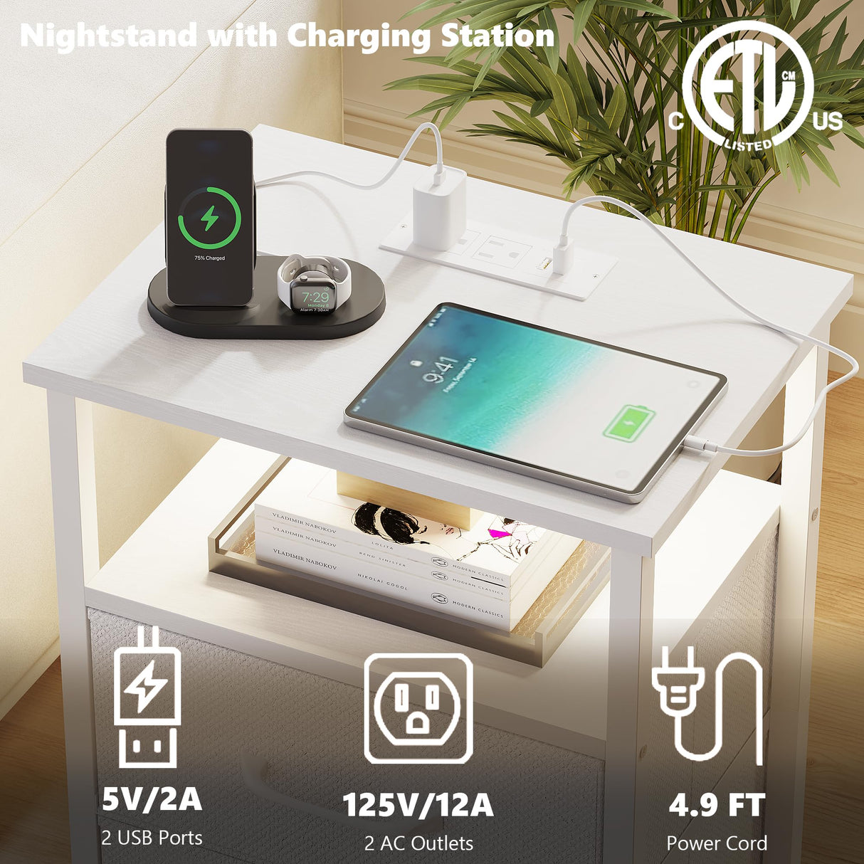 TRIFEBLE Nightstands Set of 2, Night Stand with Charging Station and Led Lights, Bedside Table with 2 Fabric Drawers for Bedroom, Small Side End Table with Open Shelf, White TRIFEBLE