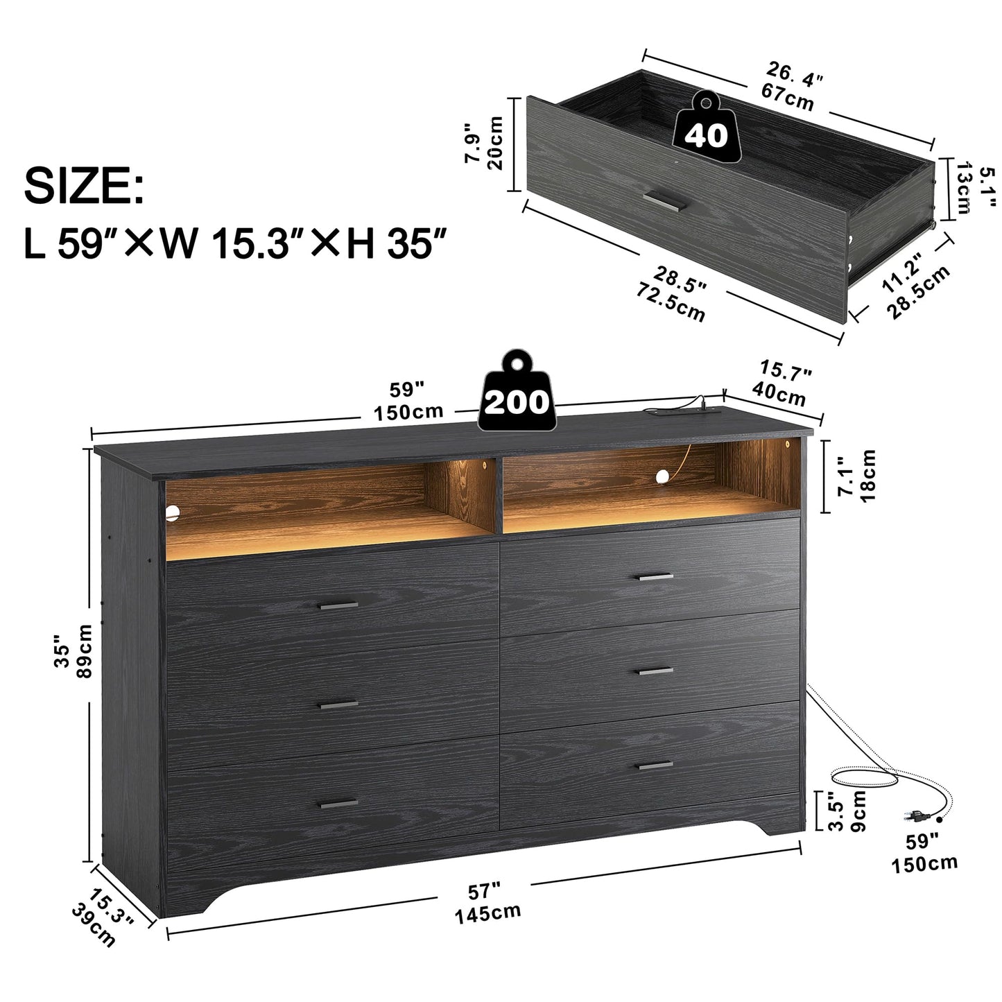 LIKIMIO 6 Drawer 59" Black Dresser with LED and Power Strip, Dressers & Chests of Drawers with Storage Cabinet for Bedroom - WoodArtSupply