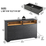 LIKIMIO 6 Drawer 59" Black Dresser with LED and Power Strip, Dressers & Chests of Drawers with Storage Cabinet for Bedroom LIKIMIO