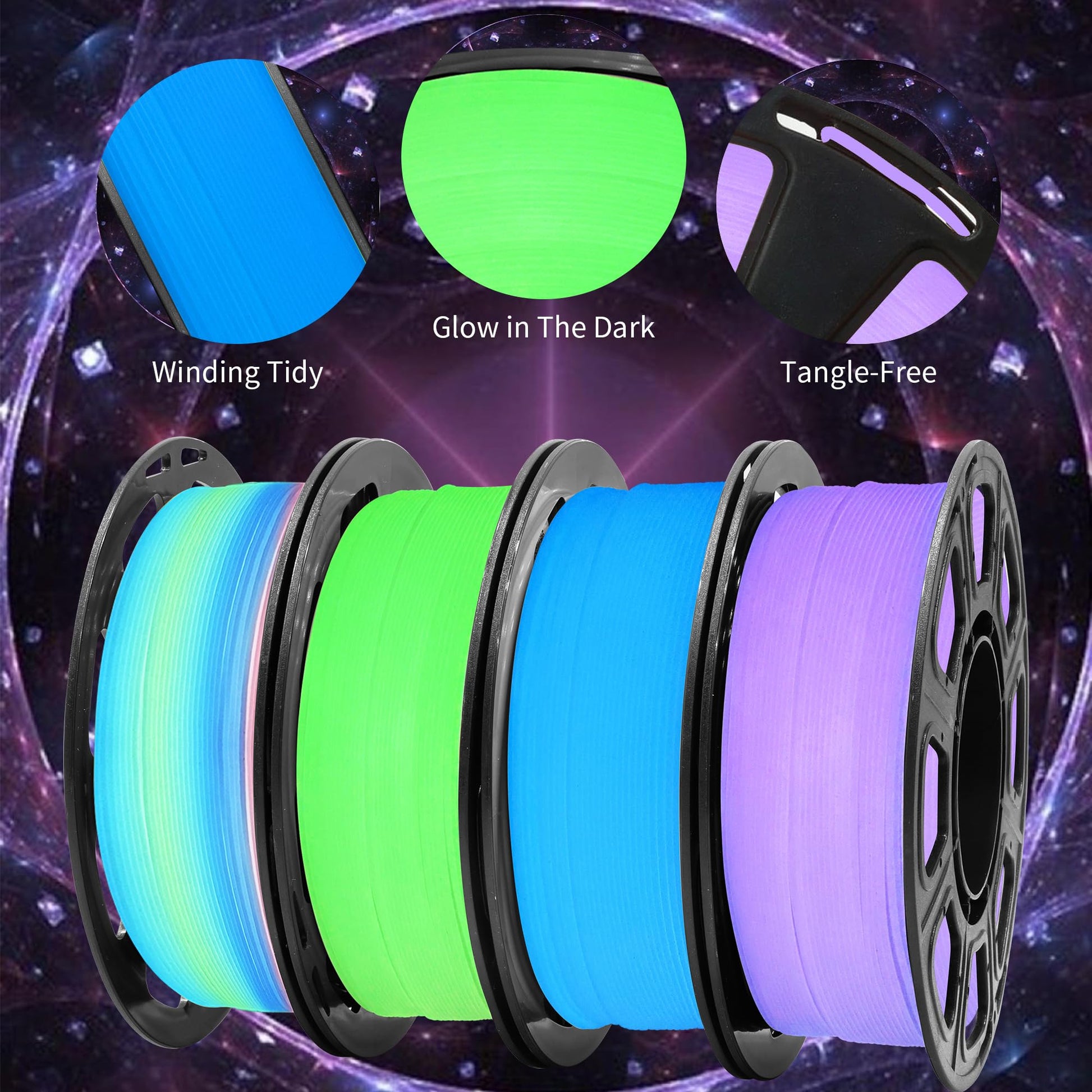 MKOEM Glow in Dark PLA 3D Filament Bundle, 4 Popular Dark Luminous Colors: Glowing in Dark Green/Purple/Blue/Fast Color Change Rainbow, Each Spool 0.25kg, 4 Spools, Total 1.75mm 1KG Glow in D - WoodArtSupply