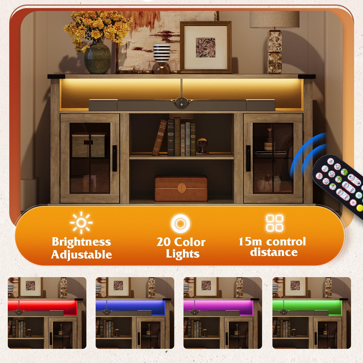 WLIVE Farmhouse TV Stand for 65 Inch TV, Tall Entertainment Center with LED Lights, Mid Century Modern TV Console wirh Open Shelves and Glass Cabinet Doors for Living Room and Bedroom, Gray Oak WLIVE