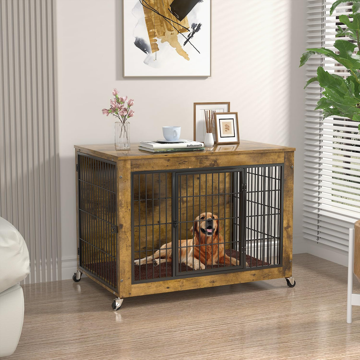PRETZI Dog Crate Furniture with Cushion,38" Wooden Dog Crate nightstand with Double Doors, Brown Kennel Indoor with Wheels, Decorative Pet House for Small Medium PRETZI
