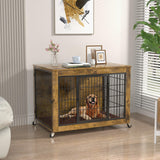 PRETZI Dog Crate Furniture with Cushion,38" Wooden Dog Crate nightstand with Double Doors, Brown Kennel Indoor with Wheels, Decorative Pet House for Small Medium PRETZI