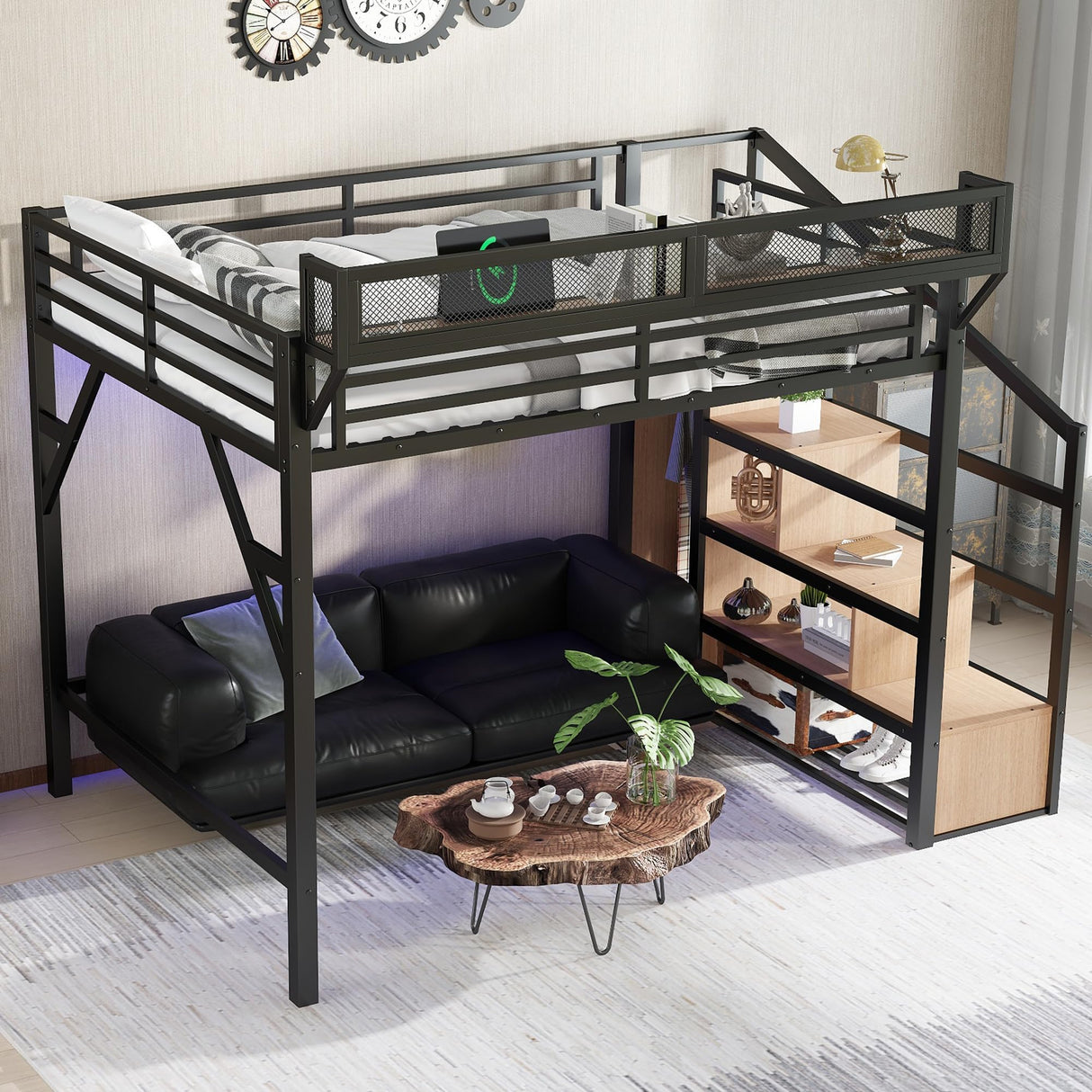 Queen Loft Bed with Stairs and Wardrobe, Queen Size Loft Bed with Charging Station, Lights and Bedside Shelf, Heavy Duty Loft Bed Frame for Adults, Teens, Kids, Noise Free, Natural Wood Bellemave
