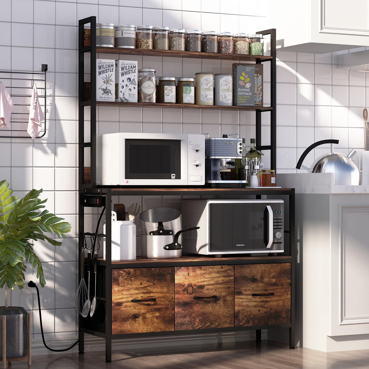 NAIYUFA Kitchen Bakers Rack with Power Outlet,5-Tier Free Standing Storage Shelf Bakers Rack with Baskets,Industrial Microwave Oven Stand,Metal Kitchen Rack Organizer with Hooks NAIYUFA