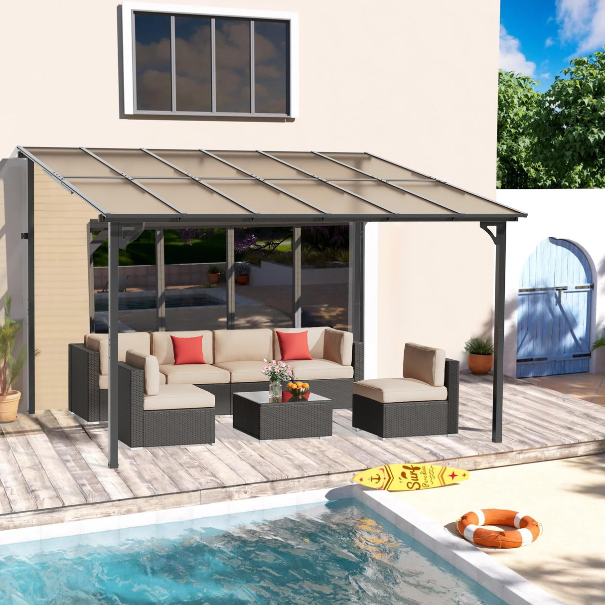 Oakcloud 10' x 12' Outdoor Wall Mounted Gazebo, Patio Lean to Gazebo Pergola with Sloped Roof, Large Heavy Duty Awning for Patio, Backyard, Deck Oakcloud