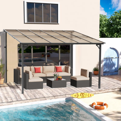 Oakcloud 10' x 12' Outdoor Wall Mounted Gazebo, Patio Lean to Gazebo Pergola with Sloped Roof, Large Heavy Duty Awning for Patio, Backyard, Deck