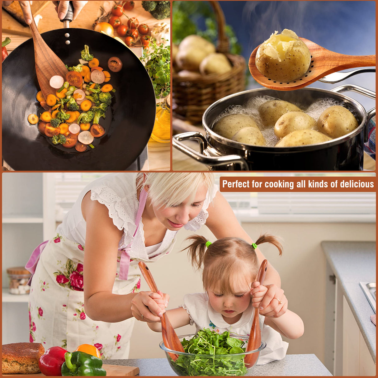 Mooues 9 Piece Natural Teak Wooden Kitchen Utensil Set with Spoon Rest - Comfort Grip Cooking Spoons and Utensils Holder Mooues