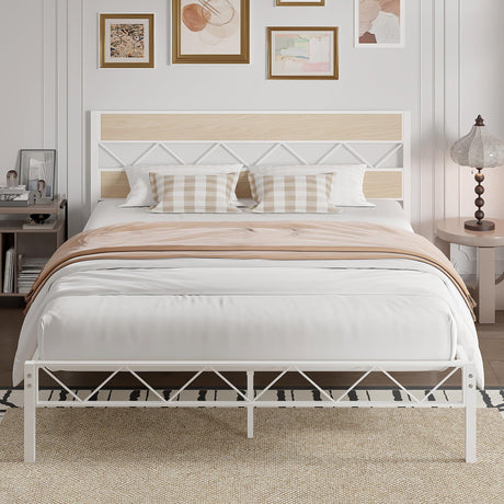 VECELO Full Size Bed Frame with Headboard, Heavy-Duty Platform Bedframe with Metal Slats Support, No Box Spring Needed, Easy Assembly, White & Natural VECELO