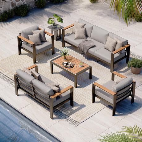 Oasbira Aluminum Outdoor Patio Furniture Set with Coffee Table, 5 Piece Patio Conversation Sets, Patio Sectional Furniture Set for Porch, Balcony, Yard, Gray Oasbira