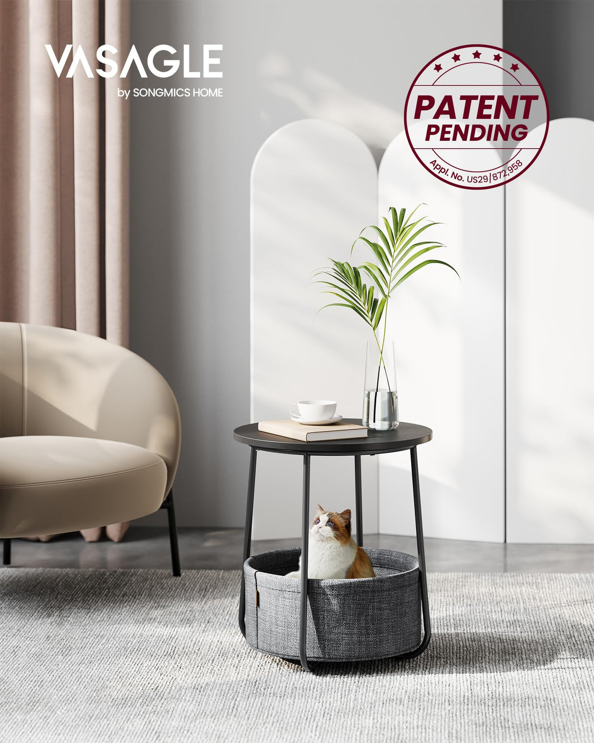 VASAGLE End Table, Small Bedside Table with Fabric Basket, Modern Nightstand, Round Side Table, for Living Room, Bedroom, Ebony Black and Slate Gray ULET223B01 VASAGLE