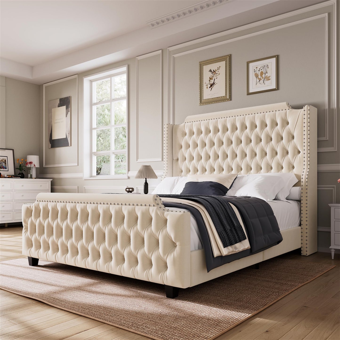 HOSTACK Velvet King Size Platform Bed Frame with 54" Wingback Headboard and Button-Tufted Footboard in Cream - WoodArtSupply