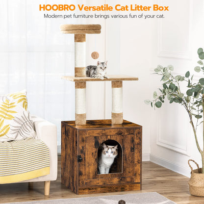 HOOBRO Litter Box Enclosure with Cat Tree Tower, Hidden Cat Washroom with Scratching Post and Soft Plush Perch, Wooden Cat Furniture, Indoor Pet Cabinet with Multiple Platforms, Rustic Brown  - WoodArtSupply