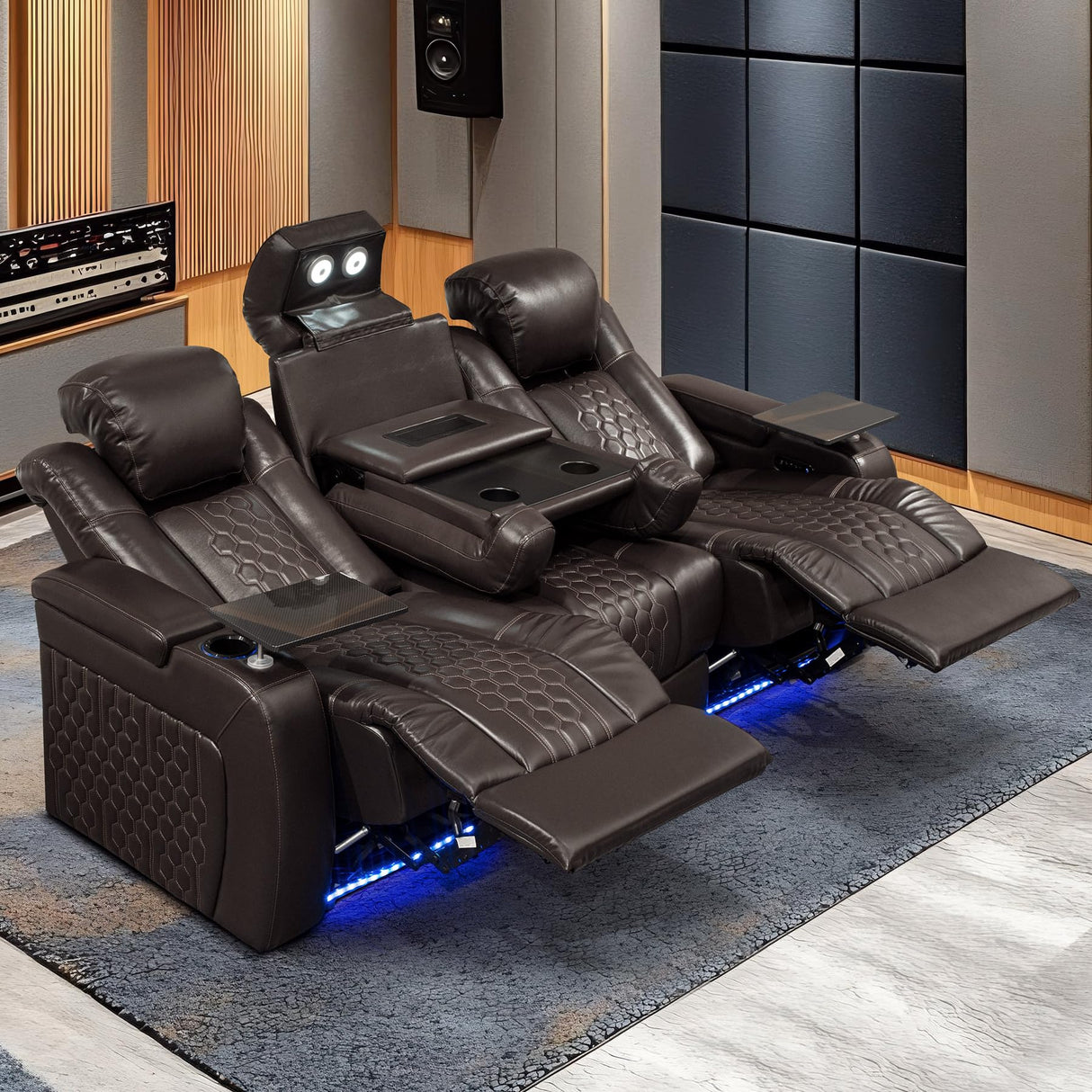 NMXUXMN Home Theater Seating,Top-Grain Leather Recliner Sofa, Zero Gravity Power Reclining Couch with Ambient LED Lights, Cup Holders & USB, Tray Table-Row of 3 with Drop Table Black NMXUXMN