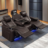 NMXUXMN Home Theater Seating,Top-Grain Leather Recliner Sofa, Zero Gravity Power Reclining Couch with Ambient LED Lights, Cup Holders & USB, Tray Table-Row of 3 with Drop Table Black NMXUXMN