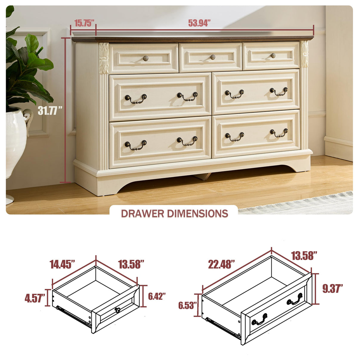 BLANKSPACE Rustic White Dresser for Bedroom,7 Drawers Dresser, Farmhouse Dresser for Living Room,7 Chest of Drawers with Thickened Wood Carving for Closet,Hallway BLANKSPACE