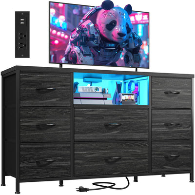 Black Dresser TV Stand for 55'' with LED Lights & Charging Station, Dresser for Bedroom with 8 Drawer, Chest of Drawers with Open Shelves, 6 Adjustable Feet, Hallway, Entryway, Closet