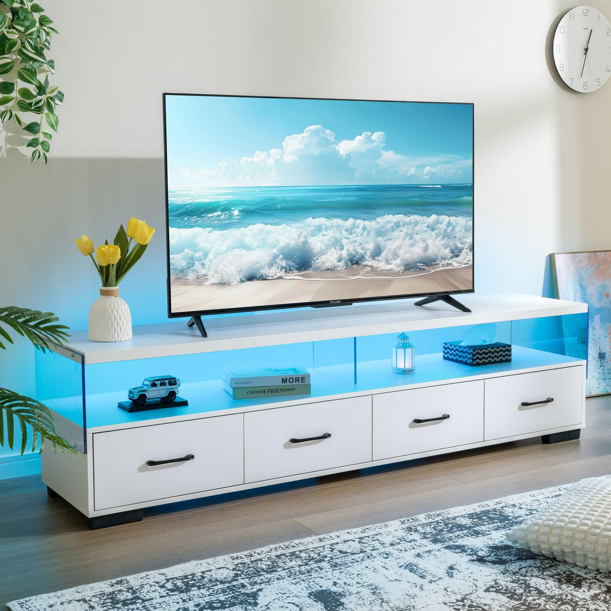 Cubehom LED TV Stand 75 inch TV Stands for Living Room Modern Entertainment Center with 4 Drawers TV Console Tables for Bedroom, Living Room (White, 71 inch) Cubehom