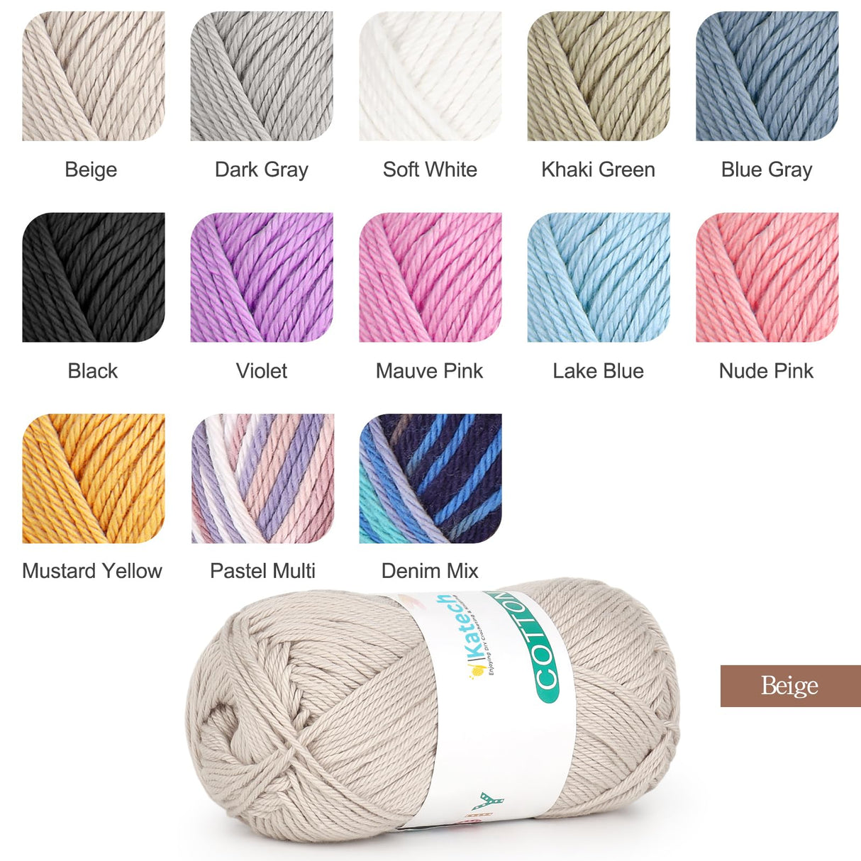 Katech Pure Cotton Yarn for Crocheting & Knitting – Soft Sport Weight CYC #2, 6 Skeins (50g Each, 300g Total), Ideal Crochet Yarn for Dishcloths, Baby Clothes, Socks, Lightweight Scarves（Beige） Katech