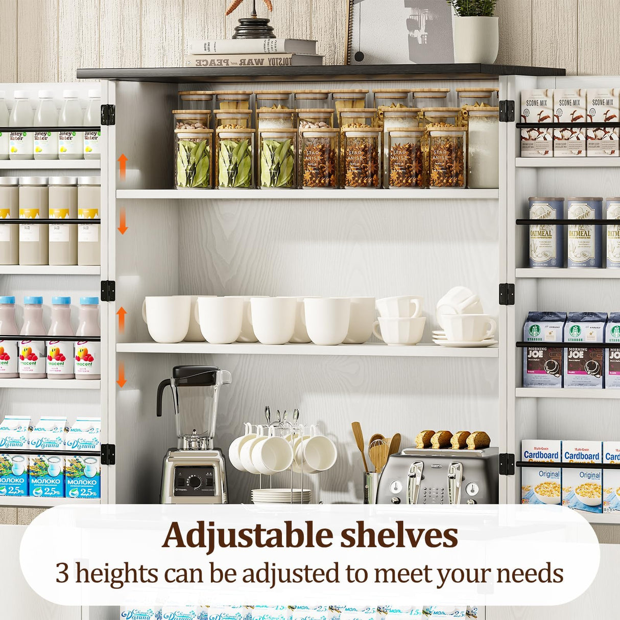 REVOMINCA 72" Kitchen Pantry Cabinet, Farmhouse Pantry Cabinet with 8 Hanging Rack Shelves & 3 Pull-Out Racks, Pantry Storage Cabinet, Freestanding Cupboard for Kitchen, Dining Room, White REVOMINCA