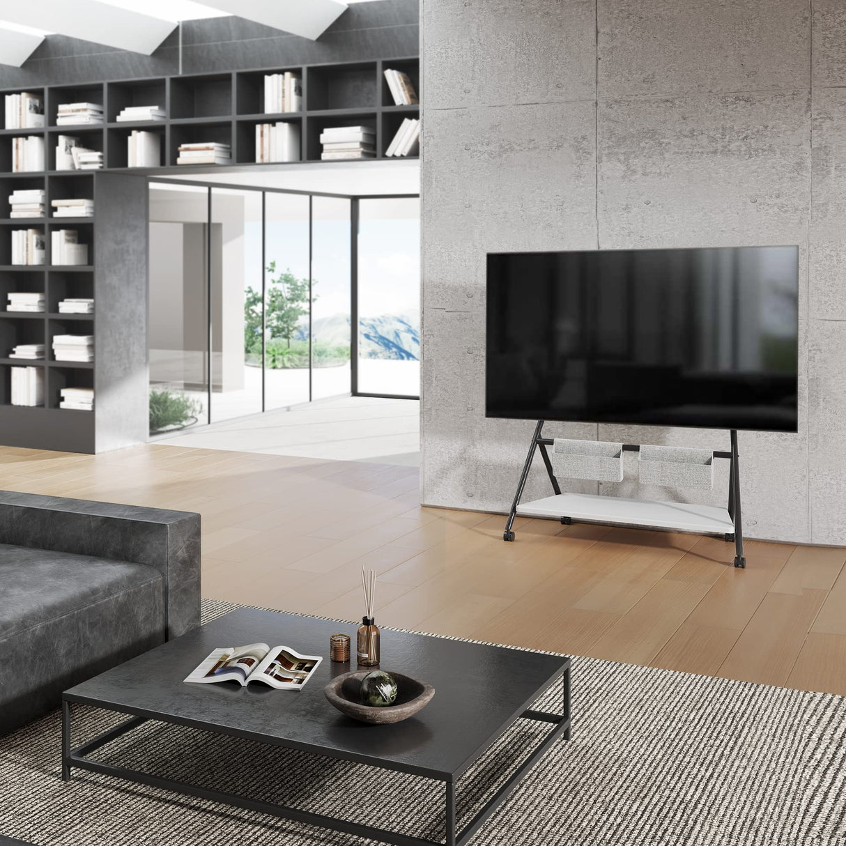 FITUEYES Design Mobile TV Stand for 65 75 78 88 Inch TV, TV Cart Floor Stand with Mount for LCD/LED Flat Curved Screens, Modern Corner TV Stand with Wooden Storage Shelves, Collector Series FITUEYES