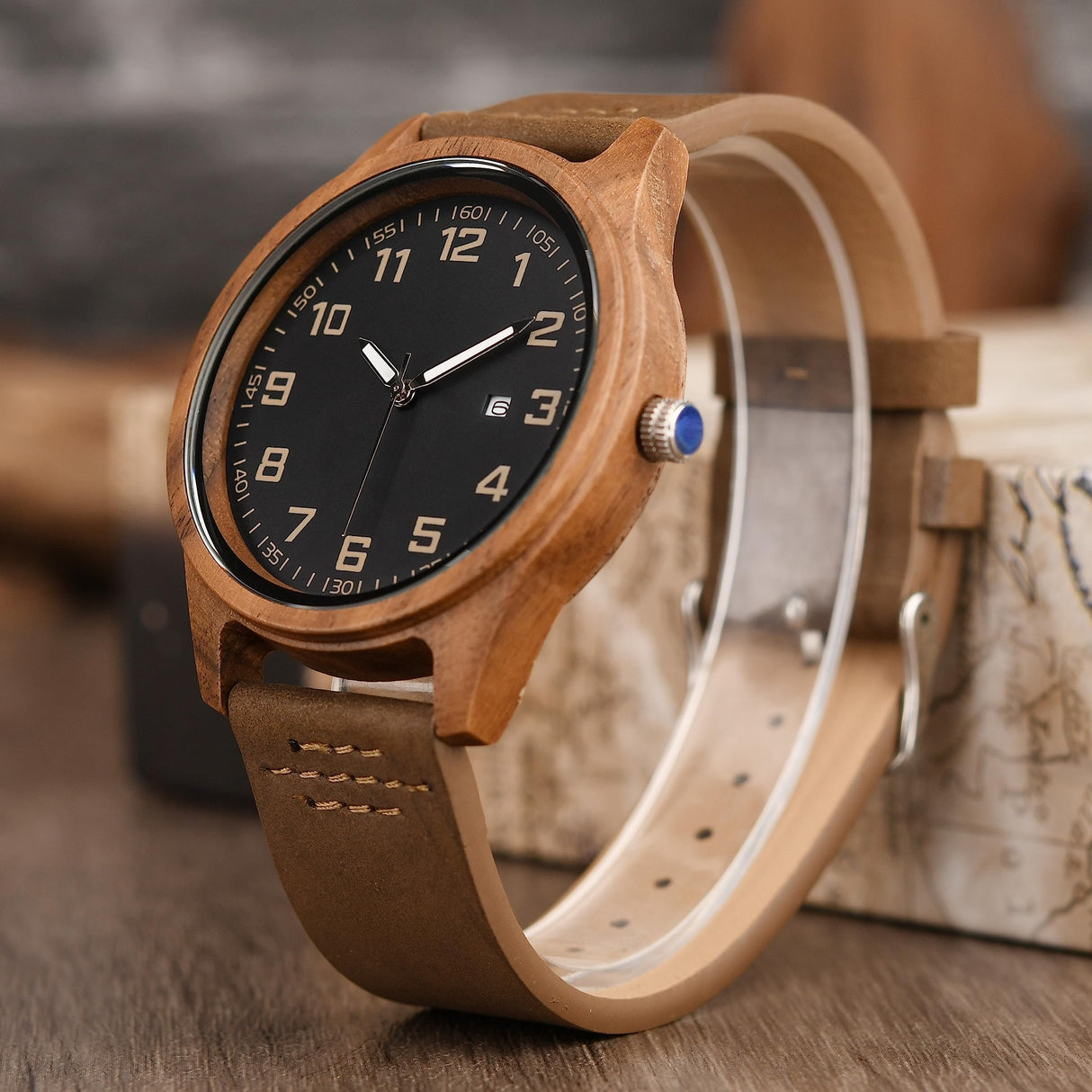 Engraved Wood Watch for Men Personalized Walnut Watch Leather Strap Anniversary Birthday Watch for Husband Dad Son LMWOOD