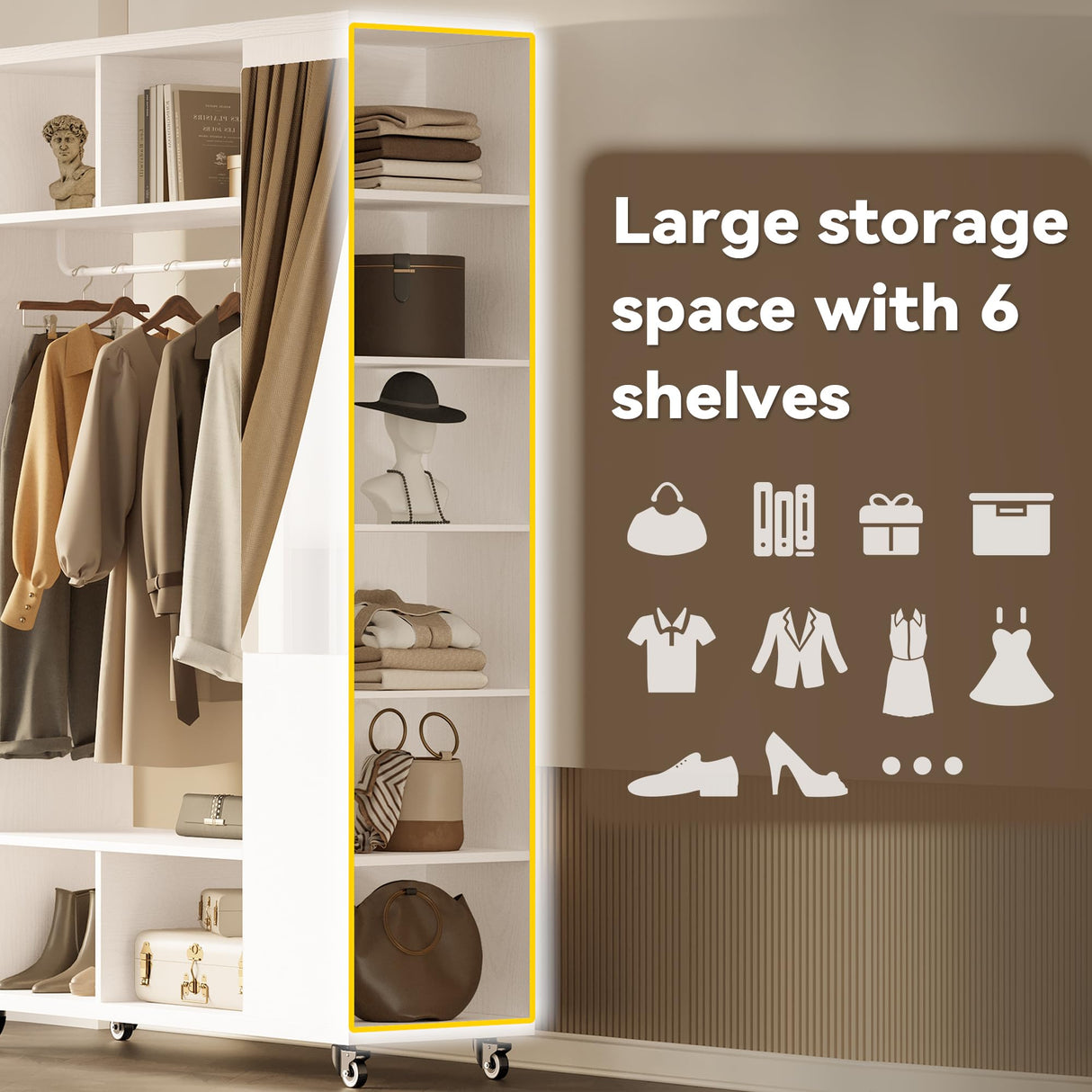 IRONCK Closet Racks on Wheels with Mirror and 10 Shelves, Portable Freestanding Wooden Closet Garment Rack with Hang Rod, White IRONCK