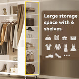 IRONCK Closet Racks on Wheels with Mirror and 10 Shelves, Portable Freestanding Wooden Closet Garment Rack with Hang Rod, White IRONCK