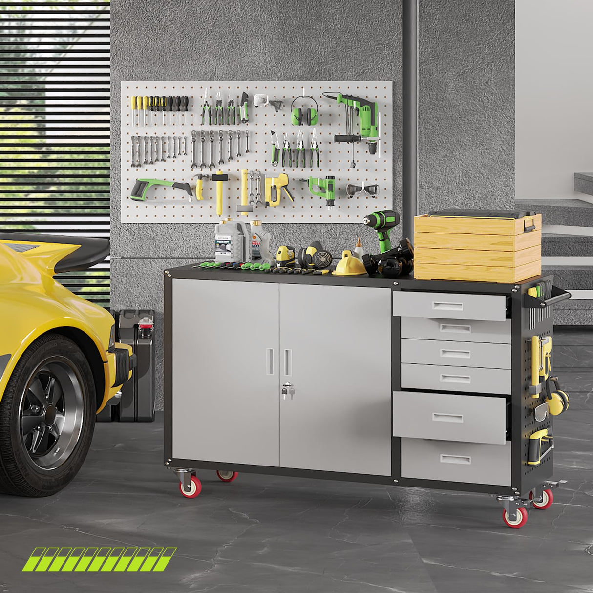 Rumetol 55"W Heavy Duty Rolling Workbench with Drawers and Storage,1000 LBS Capacity Work Bench with Lockable Cabinet & Adjustable Shelf,Garage Workbench with Pegboard & Wheels for Garage/Repair Shop Rumetol