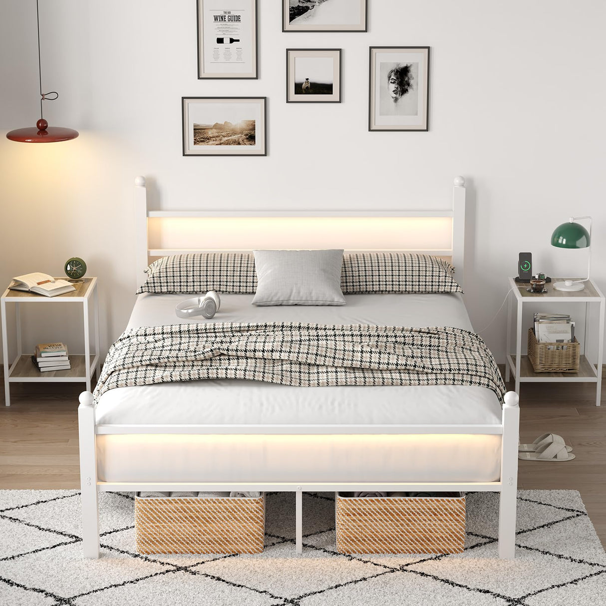 CollaredEagle Full Bed Frame with Headboard and Footboard,Heavy Duty Steel Slats Support Metal Bed Frame with Charging Station,White CollaredEagle