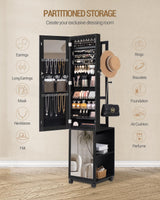 Hzuaneri 8 LEDs Jewelry Cabinet Armoire, 64.8-inch Jewelry Organizer with Garment Rack, Lockable Full-length Mirror with 4 Wheels, Storage Shelves with Hooks, 5-in-1, Black JC17004B Hzuaneri