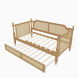 BEDGJH Traditional Style Twin Daybed with Twin Size Trundle, Rattan Wood Bed Frame for Limited Space, Guest Room, No Box Spring Needed (Antique Walnut, Twin/Trundle) BEDGJH