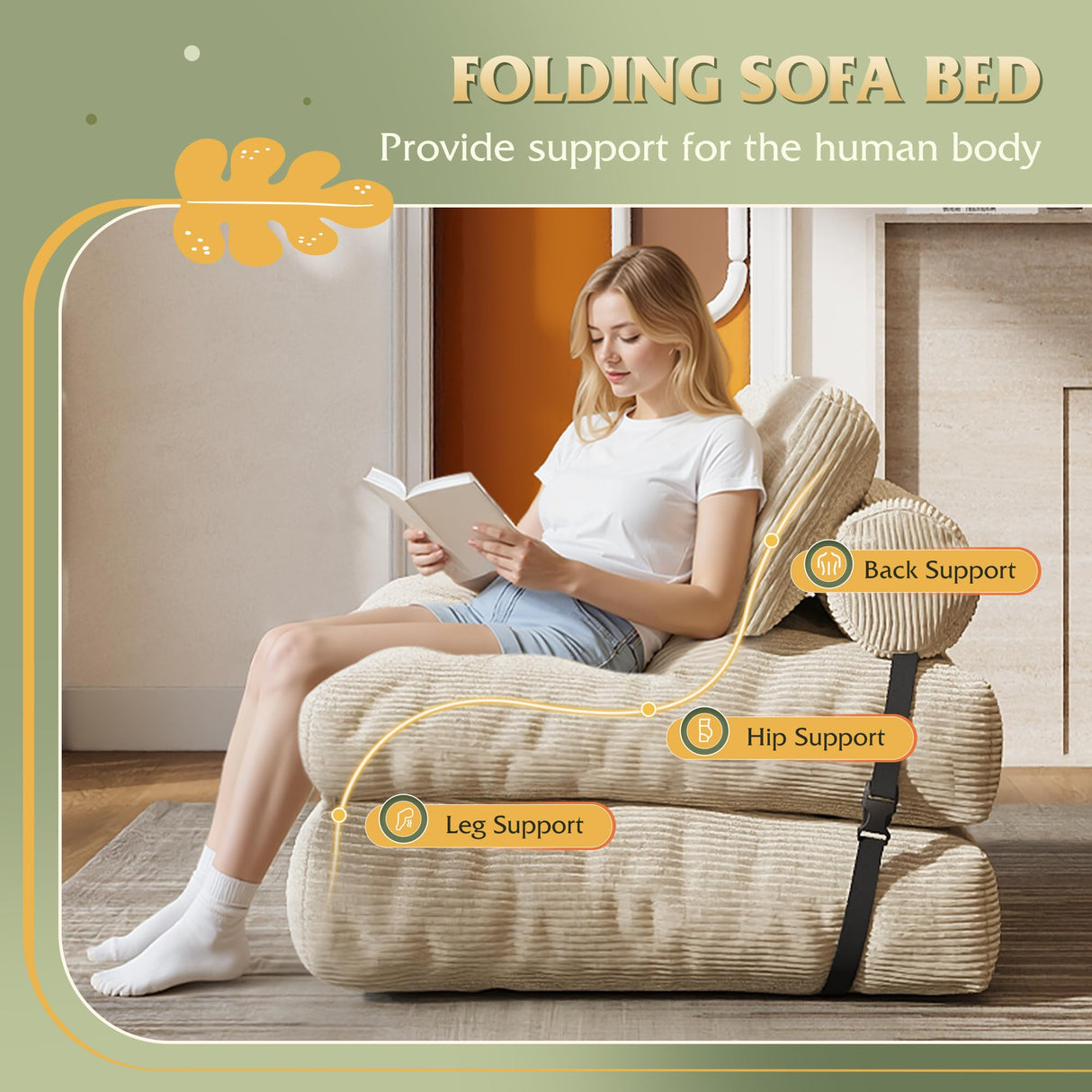 WLIVE Futon Sofa Bed,with Pillow, Floor Couch Bed for Living Room Dorm Bedroom, Single, Adult Teen Child, Beige WLIVE