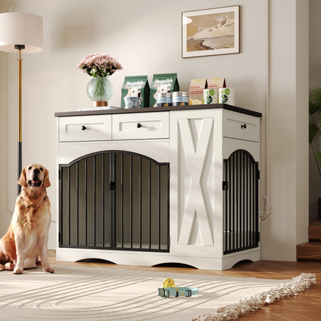 43.3" Farmhouse Dog Crate Furniture, Heavy Duty Dog Crate with 3 Drawers, Indoor Wooden Dog Kennel with Removable Feeder, Dog Cage End Table for Medium Large Dogs DOONELITH