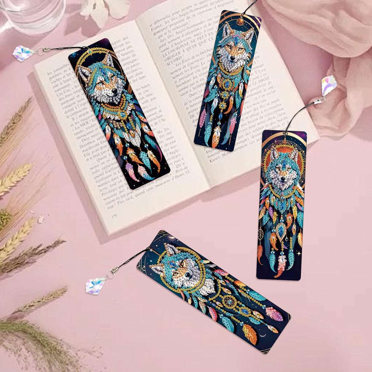 4 Pack Diamond Painting Bookmark Kits Blue Wolf Dreamcatcher, Special Shaped Diamond Art Bookmarks with Pendant, DIY Handmade Crafts Home Office Supplies Reading Bookmark, Perfect Gift for Book Lovers Focart