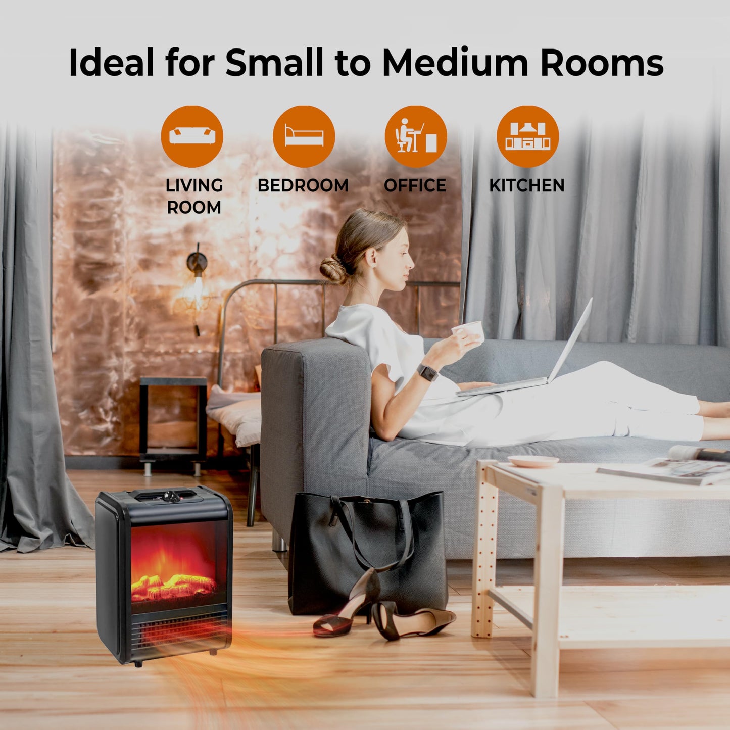 Comfort Zone Electric Mini Fireplace Space Heater with Realistic 3D Flame, Stay-Cool Body, Carry Handle, Overheat Sensor, and Safety Tip-Over Switch, Ideal for Home, Bedroom, & Office, 1,200W, CZFP1BK