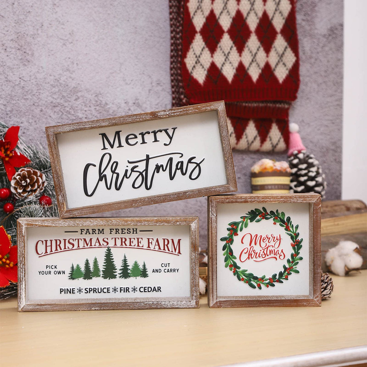 FESTWIND Christmas Tiered Tray Decor, Merry Christmas Block Sign Embossed Metal With Wood Frame - Shelf, Mantel, Home Decor - Rustic Farmhouse Christmas Decoration FESTWIND