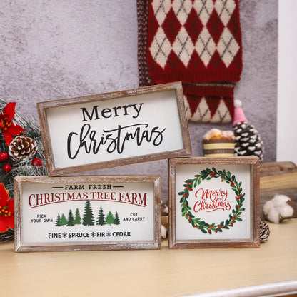 FESTWIND Christmas Tiered Tray Decor, Merry Christmas Block Sign Embossed Metal With Wood Frame - Shelf, Mantel, Home Decor - Rustic Farmhouse Christmas Decoration