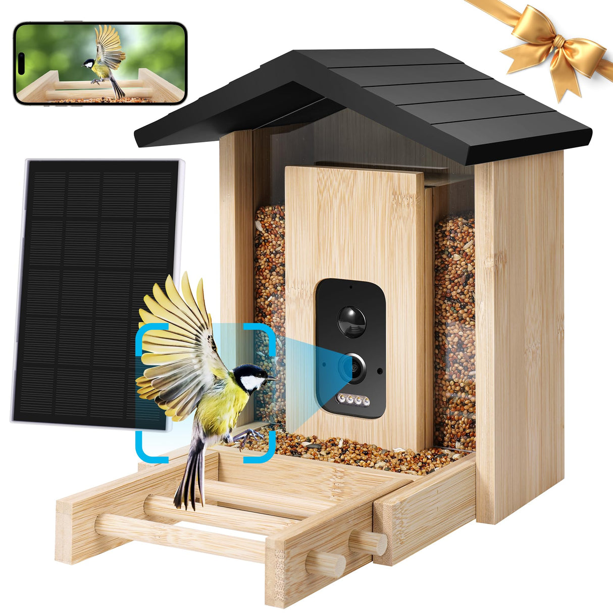 Smart Bird Feeder with 2.5K HD Camera, AI Identify Bird Feeder Solar & Battery Powered, Auto Capture Birds & Notify in Time, Bamboo Wooden Smart Bird Watching Feeder, Ideal Gift for Bird Lover(1.5L) LUCKY NAVI