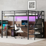 Ibraccieni Full XL Size Loft Bed, Metal Bed Frame with L-Shaped Desk and Stairs, Space-Saving Frame with Adjustable Shelf and Wardrobe for Adults, 350 LBS Capacity, No Box Spring Needed, Black Ibraccieni