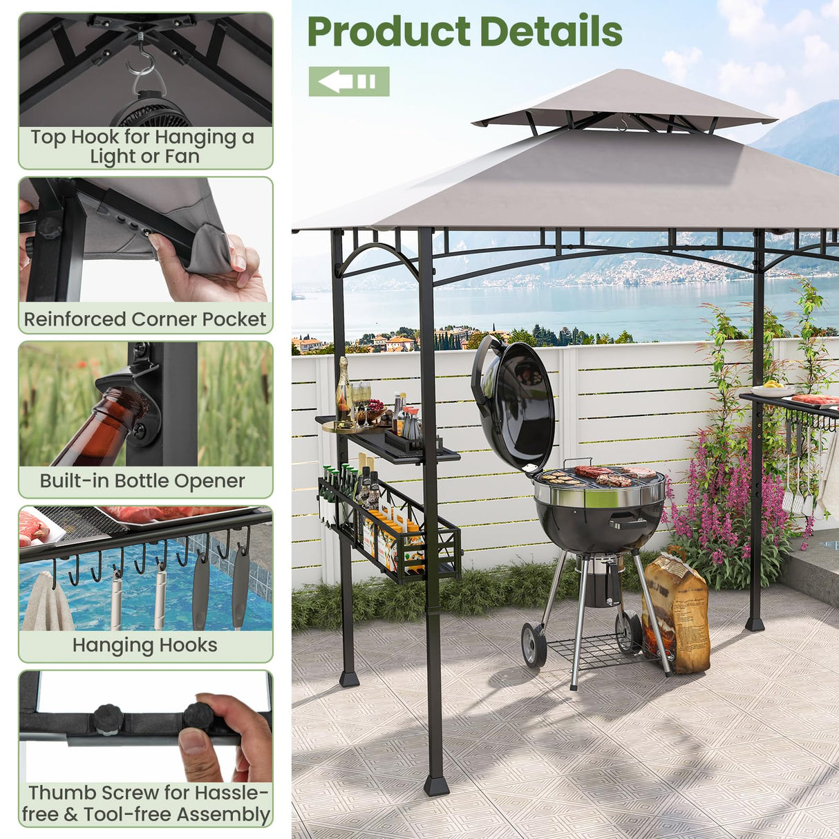 HAPPYGRILL 8 x 5 FT BBQ Grill Gazebo with 2 Side Shelves, Storage Basket, Hanging Hooks, Bottle Opener, Double-Tiered Top, Metal Frame, Outdoor Barbecue Canopy, Grilling Shelter for Patio Garden Yard HAPPYGRILL