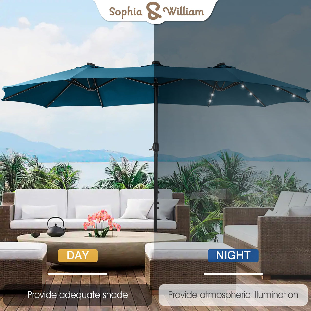 Sophia & William 15 ft Extra Large Patio Umbrella with Solar Lights, Rectangular Outdoor Umbrella with Base Included, Market Umbrella Double-sided Heavy Duty for Pool Garden Backyard, Cyan-blue Sophia & William