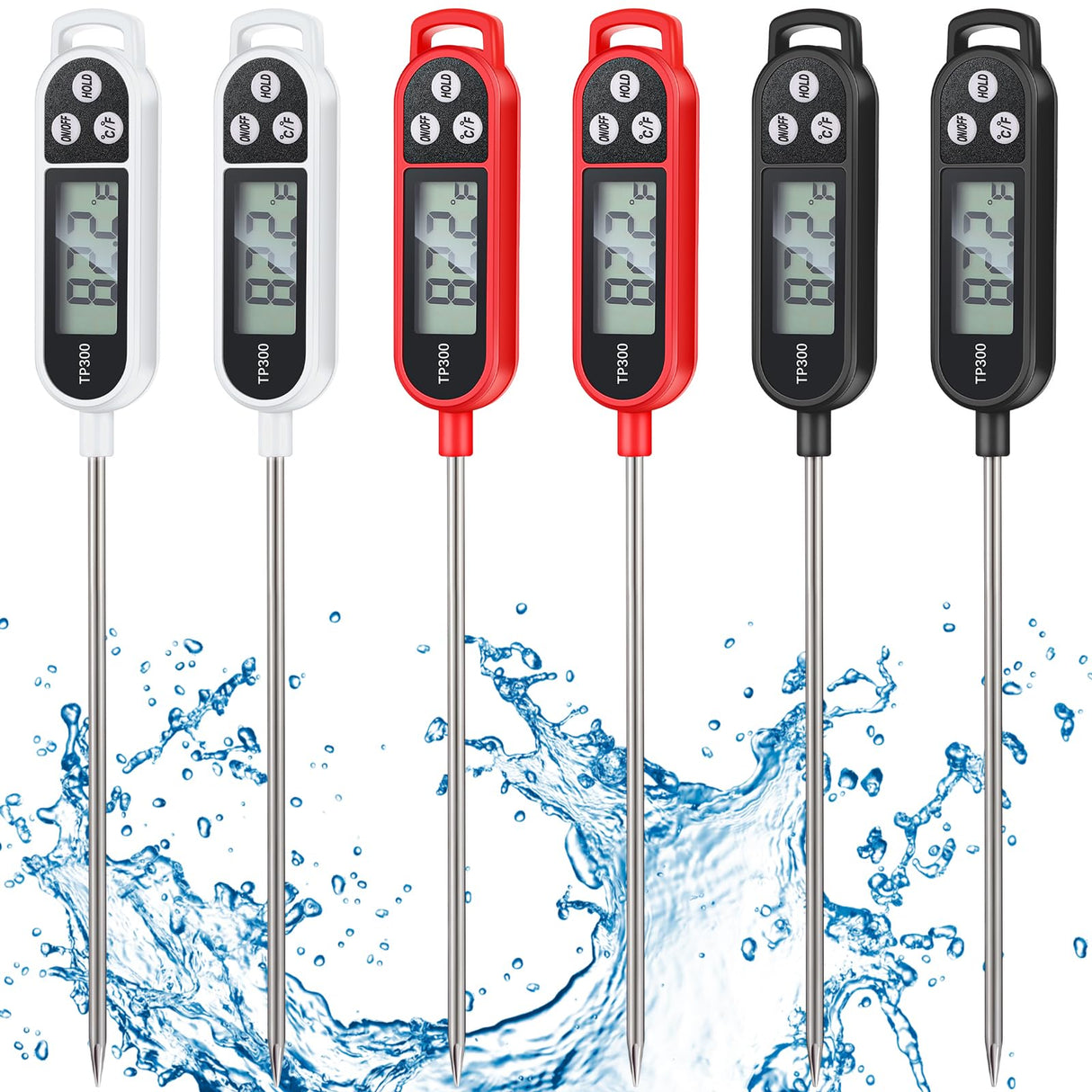 Copkim 6 Pcs Instant Read Meat Thermometer with Long Probe 9.65 Inch Kitchen Cooking Food Candy Waterproof Digital Thermometer for BBQ Water Milk Yogurt Liquid Cooking(Black, White, Red) Copkim