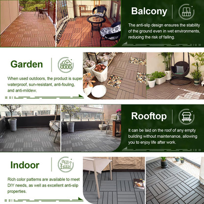 ROCKINGRUN 44 PCS Plastic Interlocking Deck Tiles-12 x12 Waterproof Outdoor Floor All Weather Use,Patio Floor Decking Tiles for Porch Poolside Balcony Backyard,Stripe Pattern,Brown