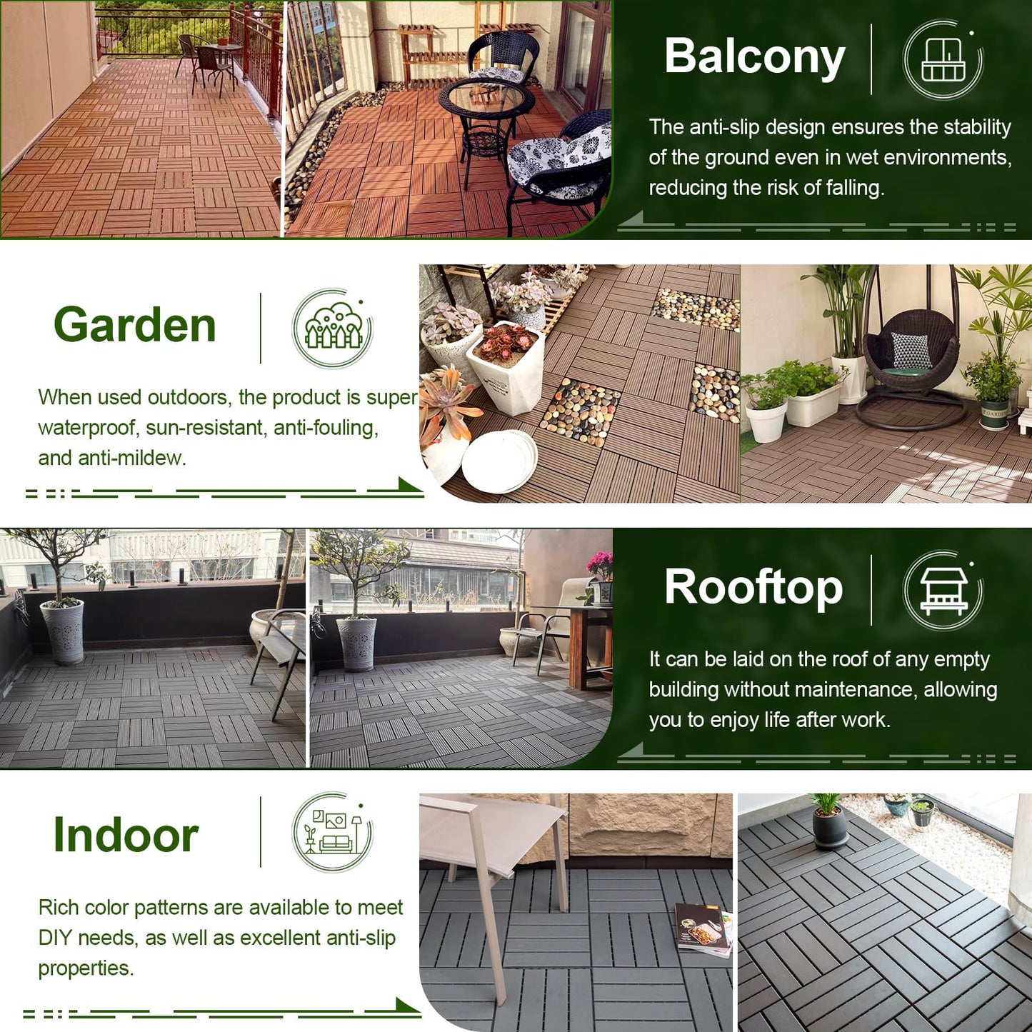 ZJT 44 Pack Plastic Interlocking Deck Tiles,44 sq.ft,12"x12"Indoor Outdoor Waterproof Patio Floor Decking Tiles All Weather Use for Balcony Backyard(Dark Grey Stripe)